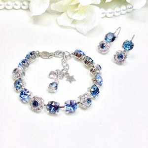 Austrian Crystal 8.5mm Bracelet With Flowers -Beautiful Denim Blue & Lt. Sapphire With  Denim and Crystal Flowers- - FREE SHIPPING