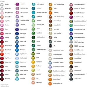 May include: A chart of 100 different colored gemstones, with the name of each gemstone listed below it. The gemstones are arranged in rows and columns, and the chart is labeled "Colors".