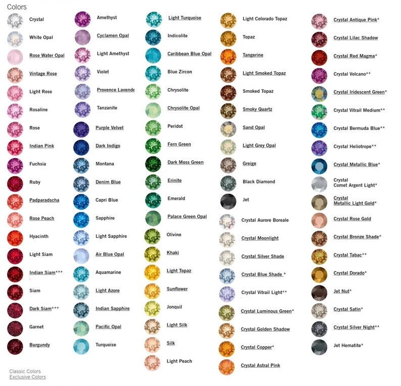 May include: A chart of 100 different colored gemstones, with the name of each gemstone listed below it. The gemstones are arranged in rows and columns, and the chart is labeled "Colors".