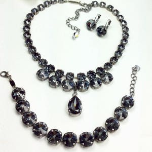 Austrian  Crystal 12MM/8.5mm Necklace - Silver Night &quot;Goddess&quot; Necklace, Pear Shape Drop, & Bracelet - Cathie Nilson Design - FREE SHIPPING