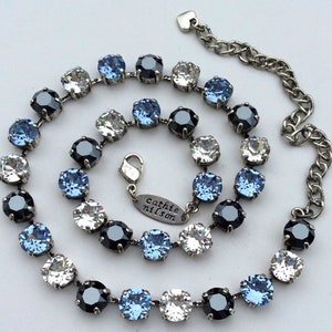Austrian Crystal Necklace in Gorgeous Light Sapphire, Jet Hematite, and Crystal - Cathie Nilson Design -  Free Shipping