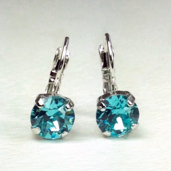 The Finest Crystal 8.5mm Lever- Back Drop Earrings - Classy - Light Turquoise - OR Choose Your Favorite Color and Finish - Beautiful!