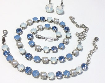 The Finest Crystal 8.5mm Necklace & Bracelet - Blue Ombre With Creamy Pearl Accents - Feminine  Charm - Cathie Nilson Design - FREE SHIPPING