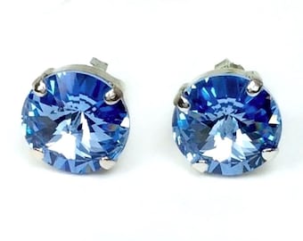 Light Sapphire Austrian Crystal Stud Earrings - 12mm Radiant Cut