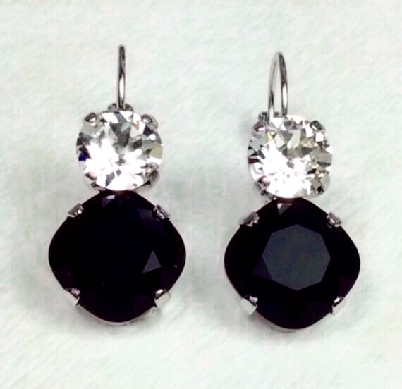Austrian Crystal Drop Earrings – Jet Black & Clear, Classic Drama