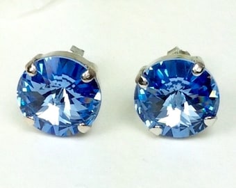 The Finest Crystal 12MM STUD Earrings Classy & Feminine - Light Sapphire - Or Choose Your Favorite Color and Finish -  Stunning!