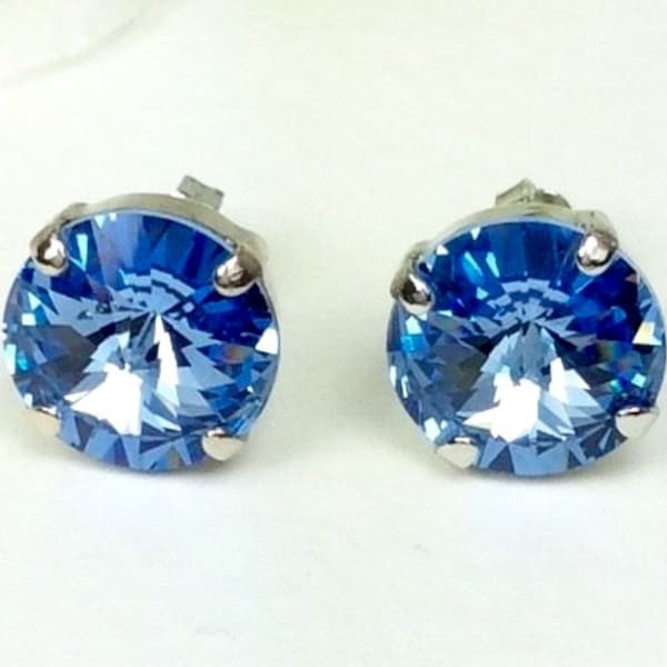The Finest Crystal 12MM STUD Earrings Classy & Feminine - Light Sapphire - Or Choose Your Favorite Color and Finish -  Stunning!