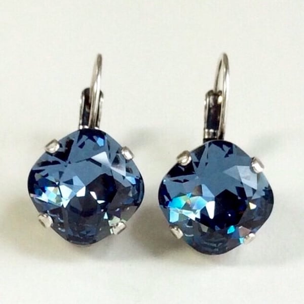 The Finest Crystal 12MM Cushion Cut,  Lever- Back Drop or Stud Earrings -  DENIM BLUE -  On SALE - Cathie Nilson Design - Beautiful!