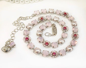 The Finest Austrian Crystal 8.5mm Necklace -  One Of a Kind  "Pink Flower Bouquet” With Feminine Flower Accents - Beautiful! - FREE SHIPPING