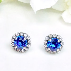 Austrian  Crystal 8.5mm Stud Earrings with The Finest Crystal Halo - Very Classy - Sapphire - OR Choose Your Favorite Color  -  Beautiful!