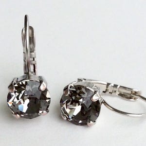 May include: A pair of silver hoop earrings with a dark gray crystal in the center of each hoop.