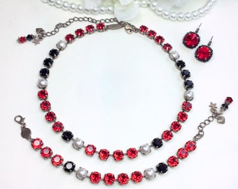 The Finest Crystal 8.5mm Necklace -"Royal Red" - Rich Red, Jet, & Creamy White Pearls - Sophisticated - Cathie Nilson Design - FREE SHIPPING