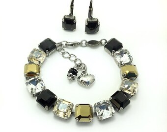 Fine Crystal Imperial Square (10mm Asher Cut) - Jet, Golden, Dorado,and Crystal - Bracelet & Earrings - Cathie Nilson Design - FREE SHIPPING