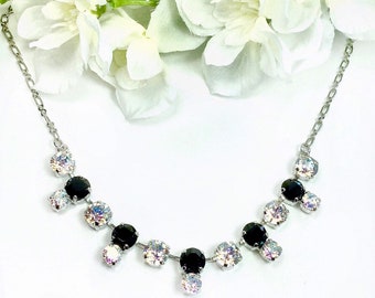 The Finest Crystal Necklace 8.5mm/6mm - Dainty, Feminine, Striking - Jet and White Patina - Sparkle & Shimmer - FREE SHIPPING