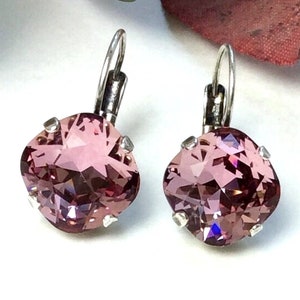 The Finest Crystal 12MM Cushion Cut, Lever- Back Drop, or Stud Earrings  - Antique Pink -  On SALE -  Beautiful! - Cathie Nilson Design