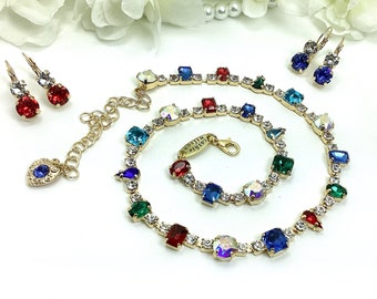 The Finest Mixed Sizes Crystal Necklace- Beautiful Jewel Tone Multi-Colors W/Clear Crystal Accents - Cathie Nilson Designs - FREE SHIPPING