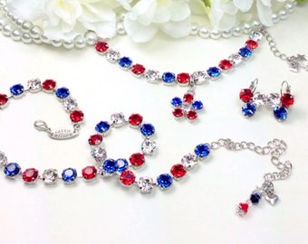 The Finest Crystal 8.5mm Necklace, Bracelet, and Earrings - "Glory Days" Beautiful Red, Clear, & Blue - Cathie Nilson Design - FREE SHIPPING