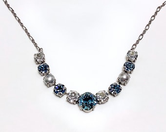 Denim Blue Austrian Crystal & Pearl Necklace – Handmade  Jewelry