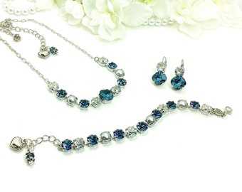 The Finest Crystal Necklace 12MM/8.5mm - Denim Blue, Blue Shade, Dove Grey Pearls - Sparkle & Shimmer - Cathie Nilson Design - FREE SHIPPING