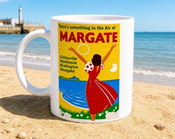 Taza con póster retro de viaje a la costa de Margate, taza de café costera de Kent