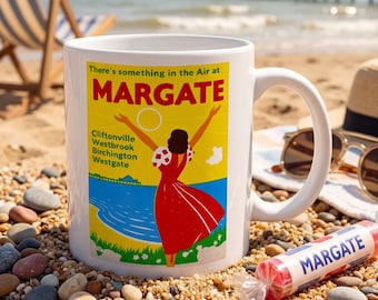 Tazza con poster di viaggio retrò a tema marino di Margate, tazza da caffè con paesaggio costiero del Kent