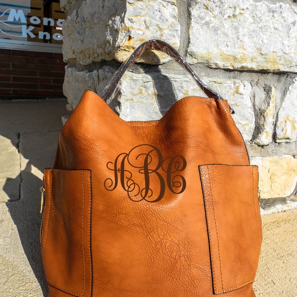 MONOGRAMMED Brown Vegan Leather Purse Tote Set With Shoulder Strap (with large inside bag)(Font Shown: Interlocking in Brown)