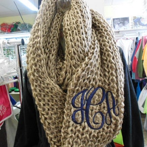 Chunky Camel brown Infinity Scarf  Monogram Font Shown MASTER CIRCLE in Navy