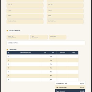 May include: A professional quote and estimate template for contractors featuring a dark blue header with the text QUOTE / ESTIMATE. The form includes fields for business and customer details, quote specifics, a line item table, and a total amount section.