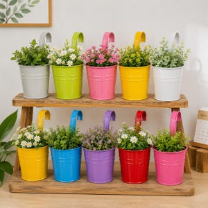 Set of 10 Colorful Metal Hanging Flower Pots, Balcony Garden Planters