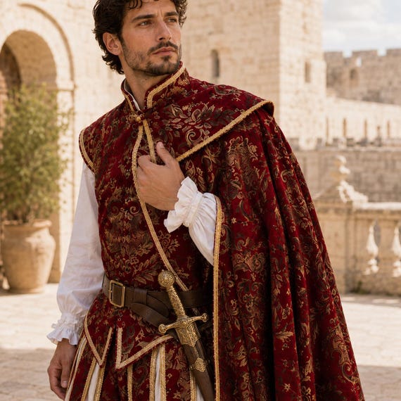Men’s Renaissance Costume Set with Optional Cape, Burgundy Polyester Ren Faire Outfit for Theater Performances