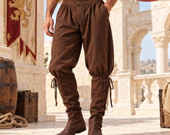 Men’s Medieval Pants, Cotton Ankle-Tie Renaissance Trousers for Ren Faire and Pirate Outfits