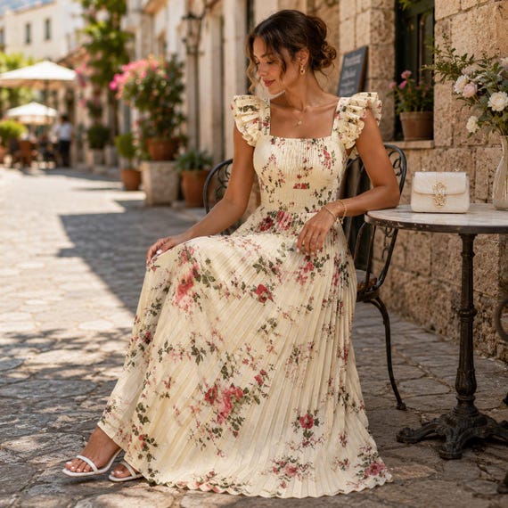 beige floral wedding guest dress Elegant Pleated Midi Dress, Square Neck Ruffle Dress, High Waist Summer Dress, Outfit Waist size:42 Model is wearing Nude Karva Chauth Dresses Korean Fashion Black Floral