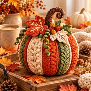 Puede incluir: Una calabaza decorativa de ganchillo con paneles verticales alternos de hilo naranja, crema y verde oliva. La parte superior está adornada con un tallo marrón, una hoja de arce naranja, una hoja crema y pequeños racimos de bayas y zarcillos.