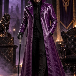 May include: A long, purple, crocodile-textured trench coat worn over a black suit, black shirt, and black tie. The outfit includes black leather gloves, black dress shoes, and a black walking cane with a metallic, skull-shaped handle.