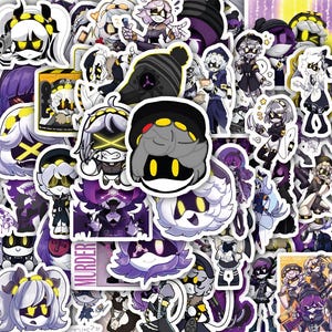 May include: A collection of vinyl stickers featuring various animated characters with white hair, glowing yellow eyes, and dark outfits. The designs include individual character portraits, full-body illustrations, and a box labeled OIL.