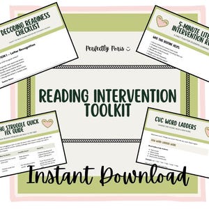 Puede incluir: Un kit de herramientas de intervención en lectura con cuatro documentos educativos con bordes verde salvia e iconos de corazón. Las páginas se titulan Decoding Readiness Checklist, 5-Minute Literacy Intervention Routine, Reading Struggle Quick Fix Guide y CVC Word Ladders. El texto Perfectly Poris e Instant Download es visible.