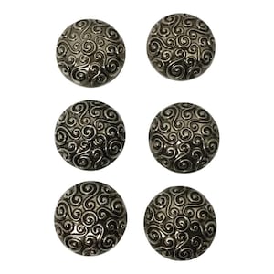 May include: Six circular buttons arranged in two columns of three. Each button is made of a metallic silver-toned material and features a raised, intricate, continuous swirling pattern across the entire surface of the rounded face.