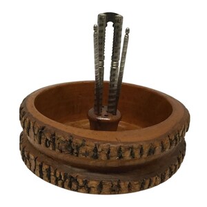 Wooden Tree Bark Vintage Nut Cracking Bowl with Nutcracker and 2 Picks