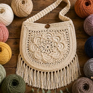Peut inclure: Un sac à bandoulière en crochet de couleur crème avec un motif floral central, une fermeture à bouton en bois unique et une longue frange sur le bord inférieur. Le sac est entouré de pelotes de laine de couleurs blanc, rose, jaune, vert, bleu et marron.