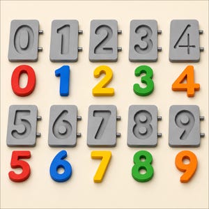 May include: A set of ten gray rectangular molds, each featuring a recessed number from zero to nine, paired with ten corresponding solid, colorful plastic numbers in red, blue, yellow, green, and orange, arranged in two rows of five.