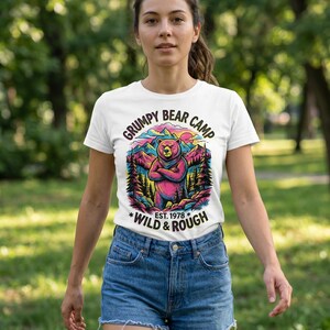 Grumpy Bear Camp Aesthetic T-Shirt, Retro Colorful Bear Graphic Tee, Funny Camping Shirt Gift for Nature Lovers, Unisex Streetwear Top