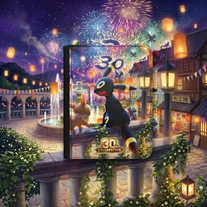 May include: A rectangular trading card binder featuring a 30th celebration graphic with Umbreon and Eevee characters. The artwork displays a night scene with fireworks, a stone fountain, and traditional buildings illuminated by glowing paper lanterns.
