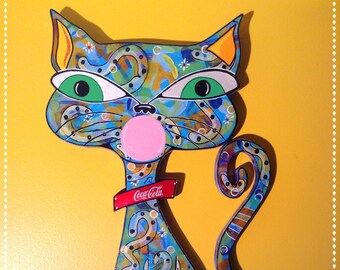 Coca-Cola Bubble Gum Cat, Funky Outsider Folk Art Large Cat Wall Decor, Abstract Painted Coca-cola Cat, Bubble Gum Blowing Outsider Cat Art