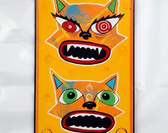 Outsider Cat Painting and Key Rack, Outsider Folk Art Wood Painting "Scaredy Cats", Cat Key Rack Wall Decor, Comical Cats Painting on Wood