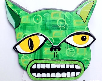 Ugly Cat #4-Funky Outsider Folk Art Cat Head Wall Decor, Comical Cat Wall Hanging, Ugly/Cute Cat Wall Art, Cat Lover Art