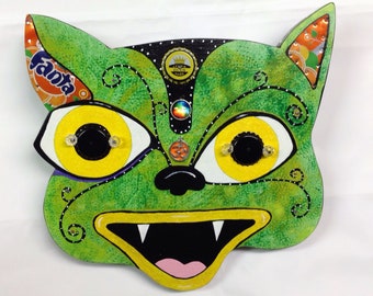 Funky Outsider Folk Art Cat Head, "Happy Hindu Cat", Comical Hand Painted Cat Wall Hanging, Spiritual Feline Wall Art, Large Green Cat Head