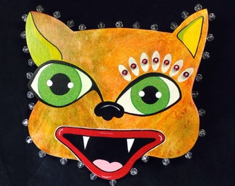 Outsider Folk Art Cat Head, "Happy Cat", Comical Hand Painted Cat Wall Hanging, Funky  Feline Wall Art, Large Orange Happy Cat Head