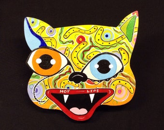 Funky Outsider Folk Art Cat Head, "Hot Lips Happy Cat", Comical Hand Painted Cartoon Cat Head Wall Hanging, Abstract Outsider Cat Art