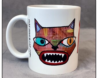 Cat Art Coffee Mug, Mad Cat Mug, Outsider Art Cat, Original Art Cat Lovers Mug, Gift for Cat Owners, Ugly Cat Coffee Mug, Mean Cat Mug