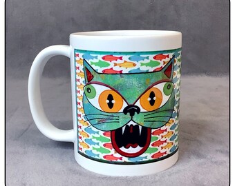 Cat Art Coffee Mug, Eye Love Fish Mug, Outsider Art Cat, Original Art Cat Lovers Mug, Gift for Cat Owners, Ugly Cat Coffee Mug, Odd Cat Mug